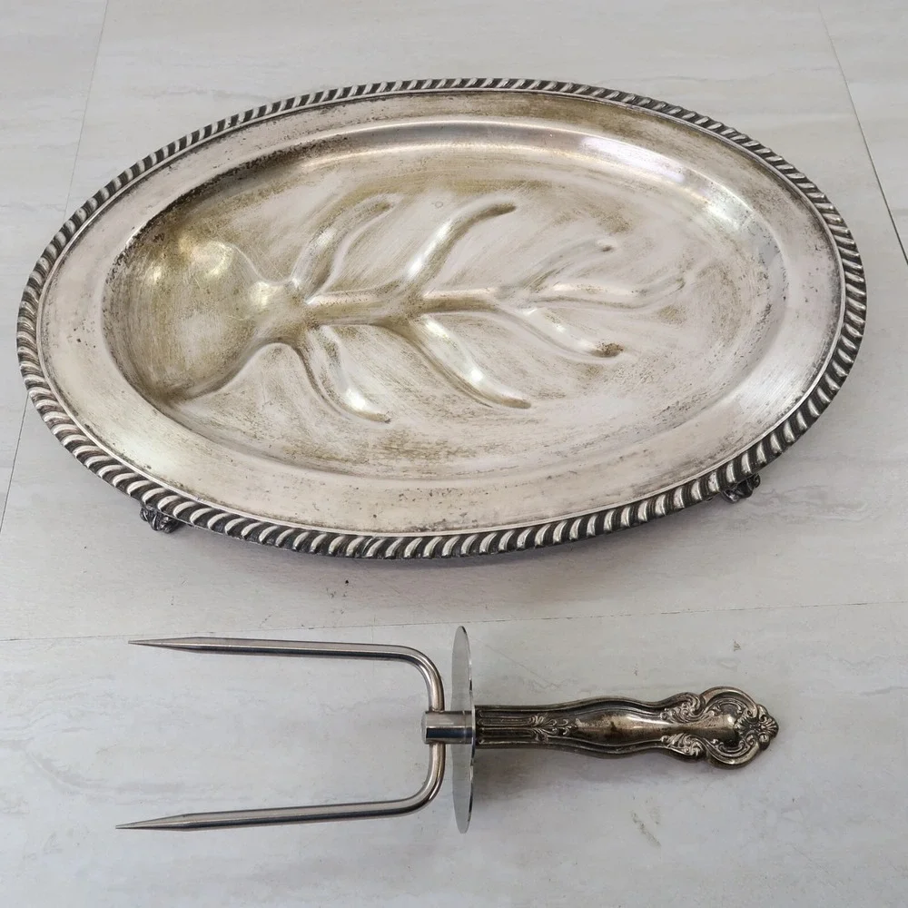 Vintage Silver Plate Meat Carving Tray Platter Juice Wells Footed Serving & Fork